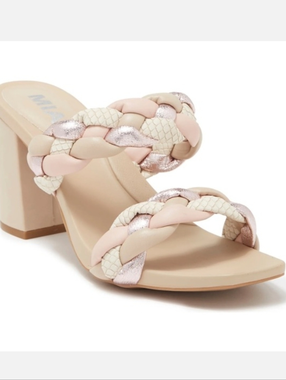 MIA Maine Beige Braided Block Heel Sandals with Pink and Rose Gold size 9